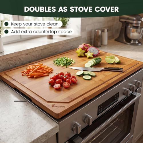 Kikcoin 30”×20” Deep-Carbonized Bamboo Cutting Boards for Kitchen, Heavy Duty Wooden Cutting Boards, Healthy Extra Large Chopping Boards with Deep Juice Groove and Handle, Oversized Stove Top Cover