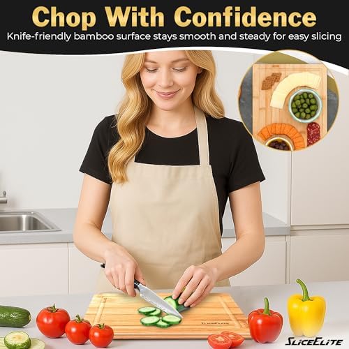 SliceElite Bamboo Cutting Board Set of 3 Wooden Cutting Boards for Kitchen with Juice Grooves Side Handles Bamboo Chopping Boards for Meat Vegetables Fruit Bread Charcuterie Meal Prep Serving Tray Set