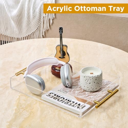 11"x14" Clear Acrylic Serving Tray with Golden Handles, Sturdy Huge Capacity Acrylic Tray for Coffee, Juice, Kitchen and Desk Organizer (11"x14")