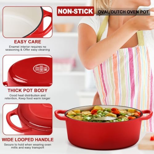 E-far 7QT Oval Dutch Oven Pot with Lid, Red Enameled Cast Iron Dutch Oven