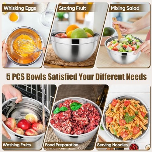 P&P CHEF Metal Mixing Bowls with Lids Set, Airtight Lids & Khaki