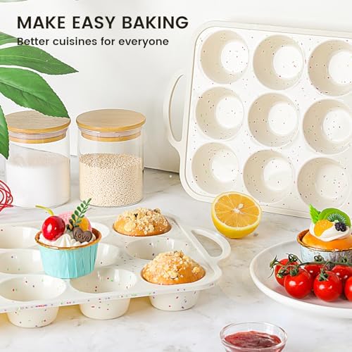 Vinino 1Pack Silicone Muffin Pan for Baking with Metal Reinforced Frame, 12 Cup Regular Size Cupcake Pan, BPA Free Silicone Muffin Tray, Cupcake Baking Pan Molds for Oven Dishwasher Safe - Cream