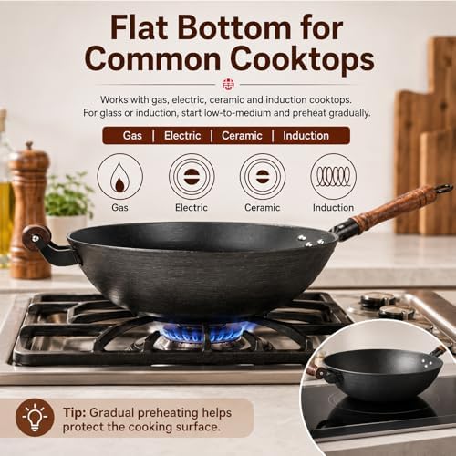 WANGYUANJI 14.2 Inch Cast Iron Wok with Wooden Lid & Handle, Flat Bottom Stir Fry Wok Pan, Turtle-Pattern Textured Uncoated Large Wok Skillet for Induction, Gas & Electric (Seasoning Required)
