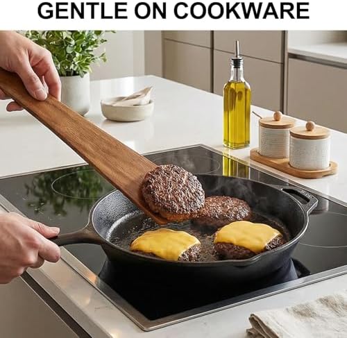 2Pcs Non Toxic Flat Thin Wood Spatula for Cooking Utensil Cast Iron Scraper