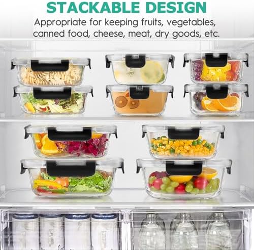 34pcs Glass Food Storage Containers with Lids Set, Airtight Glass Meal Prep Containers (17 Containers & 17 Lids), Leak Proof Lunch Container BPA-Free, Microwave, Oven, Freezer, Dishwasher Safe-Black