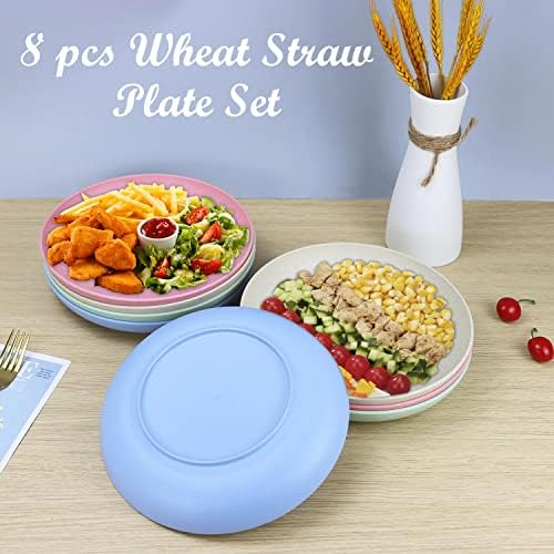 Homienly Unbreakable Deep Dinner Plates Wheat Straw Plates Sets Microwave and Dishwasher Safe Plastic Plates for Kitchen, Camping, Picnic, 8 PCS Lightweight Plate for Dessert (Fresh Light, 10 inch)