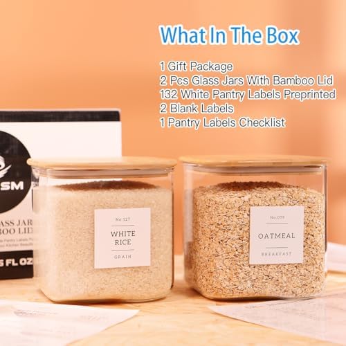 2 Pack Square Glass Flour and Sugar Containers with 132 Kitchen Pantry Labels - Thicken 85 FL OZ Large Glass Storage Jars with Airtight Bamboo Lid - Big Food Canisters for Cookies, Candy, Tea, Coffee