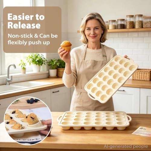 Beige Mini Silicone Muffin Molds: 2 Pack 24 Small Cupcake Mold for Baking