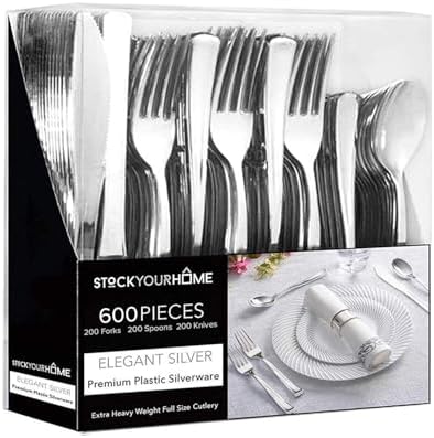 Silver Plastic Silverware Set (600-Pack) – Disposable Heavy Duty Cutlery, 200 Forks, 200 Knives, 200 Spoons for Parties, Weddings, Dinners & Holidays, Stock Your Home