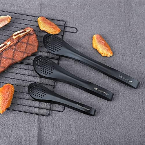 MSY BIGSUNNY Kitchen Buffet Tongs - Heavy Duty Food Serving Set for Cooking, BBQ - Metal Salad Tongs Set of 3 (Black 7" 9" & 11")