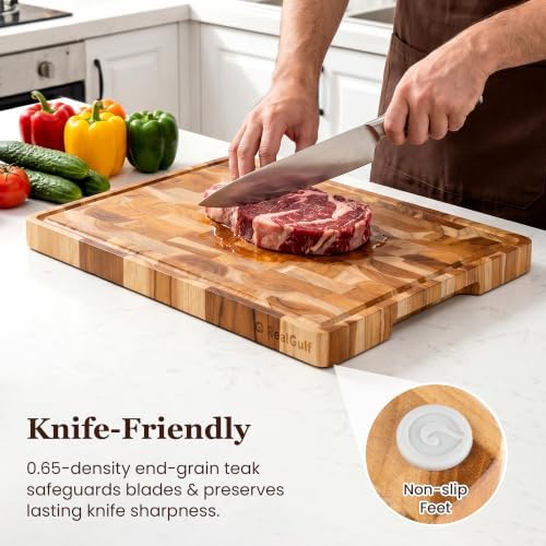 14x10 End Grain Teak Cutting Board with Juice Groove, Non-Slip