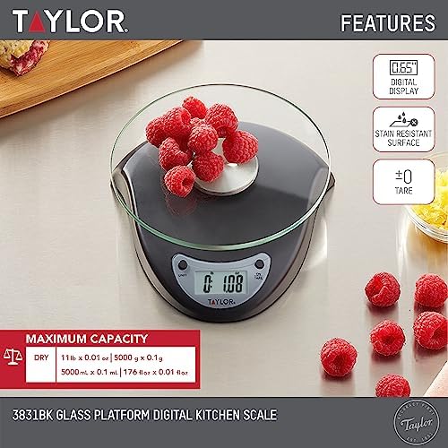 Taylor Digital Kitchen Scale with Glass Platform, Tare Button, and Plastic Body Weighs up to 11 Pounds Capacity, Black