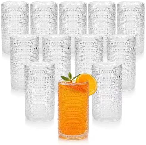 16oz Clear Hobnail Drinking Glasses with Straws Set of 12, Highball Glasses Cups, Kitchen Water Glasses Cup, for Cocktail, Juice, Whiskey, Milk and Various Mixed Drinks