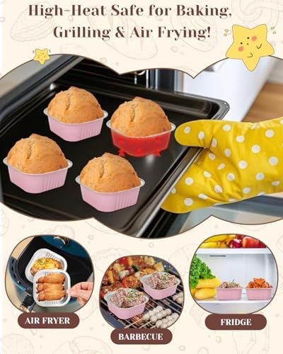 YQER 60 Pack 10oz Mini Cake Pans with Lids, Spoons, Stickers - Disposable Square Brownie Baking Cups - Individual Small Aluminum Foil Loaf Tins for Muffin, Ramekins, Cupcake - Catering, Gift, Pink