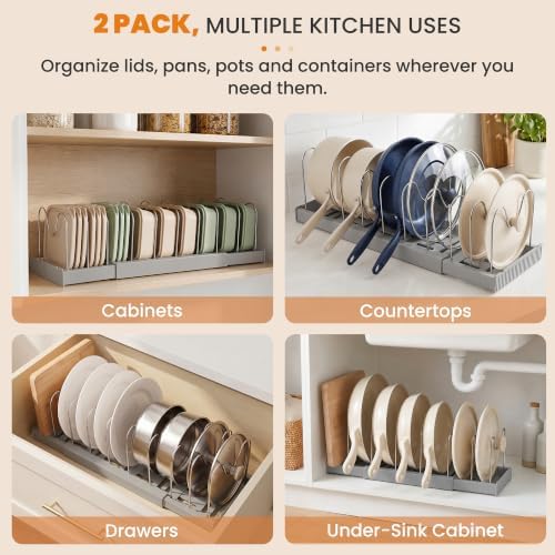 2 Pack Expandable Pot Lid Organizers with 10 Adjustable Dividers
