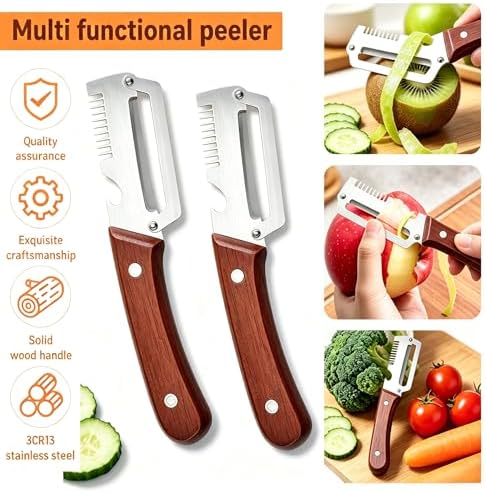 2 Pack Premium Vegetable Peeler with Wooden Handle and Bottle Opener,Stainless Steel Peeler,Vegetable Peeler for Kitchen, Peeling Fruits and Shredding Scallions