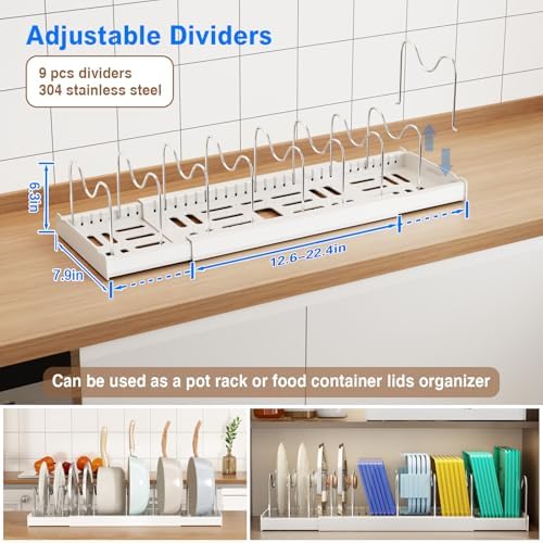Mustorn 2 Pack Pots and Pans Organizer Under Cabinet, 22" Expandable Food Storage Container Lid Organizers with 9 Adjustable Dividers Pot and Pan Lid Holders Rack Inside Cabinet/Countertop(White)
