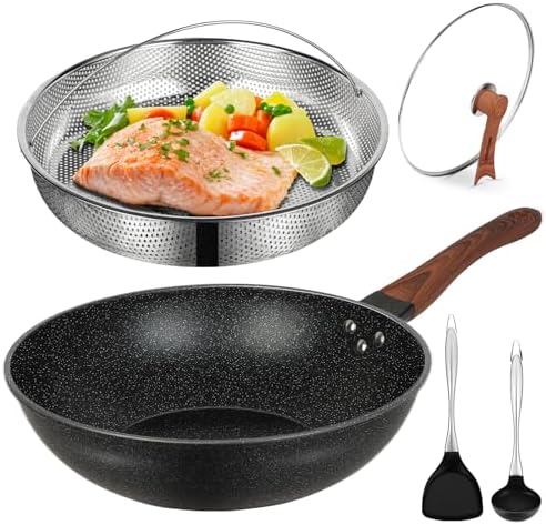 AOSION 13'' Nonstick Wok, Woks & Stir-Fry Pans with Lid and Steamer Basket
