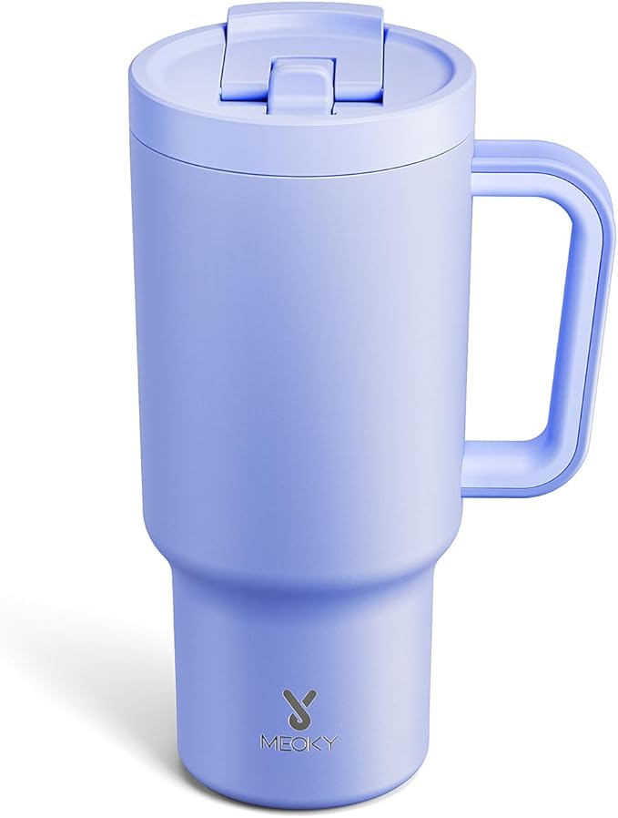 Meoky 32 oz Tumbler with Handle and Flip Straw, 100% Leakproof Tumbler with Lid and Straw, Stainless Steel Insulated Cup, Cupholder Friendly, Keeps Cold for 24 Hours (Lilac)
