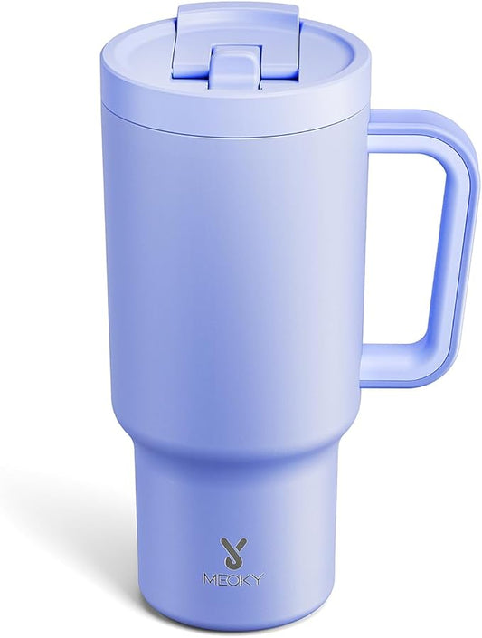 Meoky 32 oz Tumbler with Handle and Flip Straw, 100% Leakproof Tumbler with Lid and Straw, Stainless Steel Insulated Cup, Cupholder Friendly, Keeps Cold for 24 Hours (Lilac)