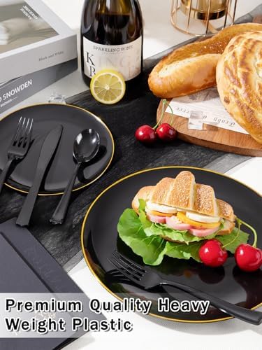 WDF 180 Pieces Black Plastic Silverware - Plastic Silverware Set Include 60 Forks, 60 Knives, 60 Spoons - Heavy Duty Black Disposable Cutlery - Disposable Utensils for Halloween, New Year, Wedding