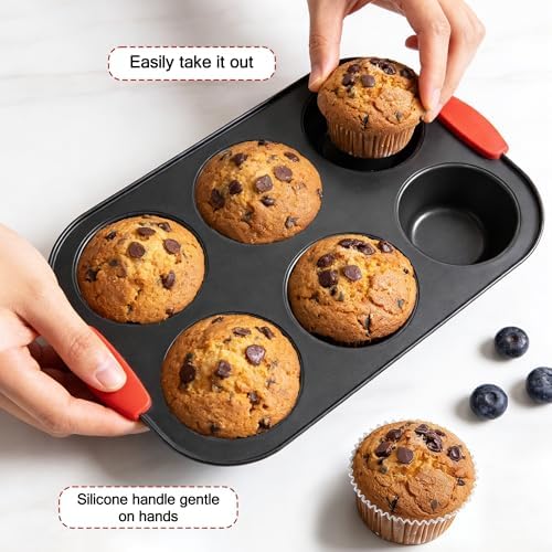 2Pack Jumbo Muffin Pan with Silicone Handles Non Stick 6 Tin Muffin Top Pan