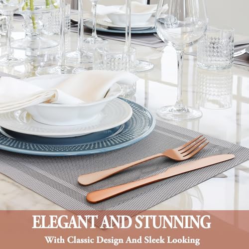 24 Pcs Rose Gold Silverware Set with Steak Knives, Stainless Steel Flatware Cutlery Set for 4, Kitchen Tableware Sets, Utensil Sets for Home and Restaurant, Dishwasher Safe