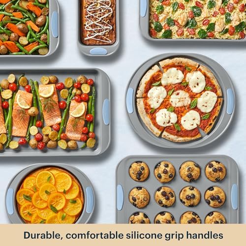 Pyrex 8-Piece Metal Bakeware Set with Heatsafe Silicone Handles, Cerulean