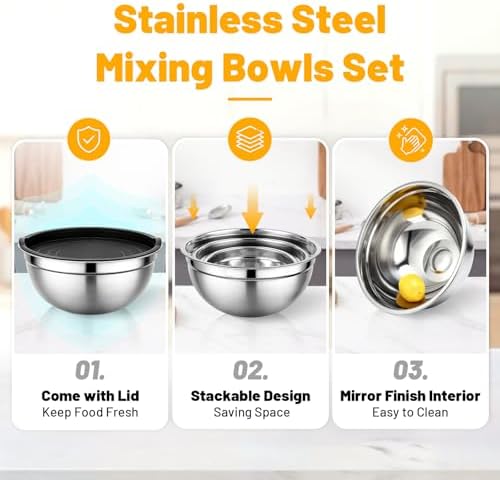 Beasea Mixing Bowls with Lids Set of 3, 1.5/2.5/4 QT Stackable Stainless Steel Nesting Mixing Bowls with Lids for Baking, Meal Prepping, Kitchen Food Serving, Storing