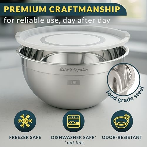 Stainless Steel Mixing Bowls with Lids Set of 3, Nesting Metal, 1.5/3/5 Qt