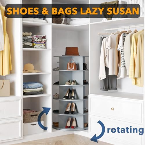 SpaceAid 5 Tier Rotating Shoe Rack Tower, Spinning Shoe Display Lazy Susan, Revolving 360 Shoe Rack Storage Round Carousel, Vertical Handbag Rotate Shoes Closet Organization (5-Tier Gray)