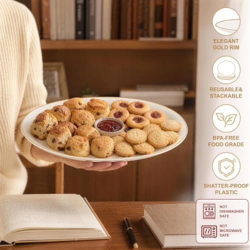 WDF 6Pcs Ivory and Gold Plastic Platters - 10’’ x 12’’ Elegant Ivory Oval Disposable Platters - Heavy Duty Serving Trays for Parties/Weddings/BBQ/Picnic/Dinner Party