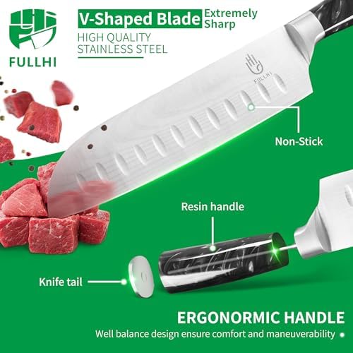 FULLHI 15pcs Japanese Knife Set with Magnetic Knife Block Holder, Japan Stainless Steel Blades, Black Resin Ergonomic Handles for Professional and Home Cooking