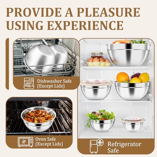 P&P CHEF Metal Mixing Bowls with Lids Set, Visible Airtight Lids & Khaki