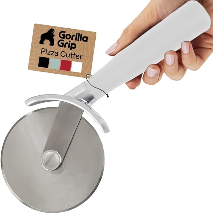 GORILLA GRIP Patented BPA-Free Large Pizza Cutter Wheel, 9 Inch, Extra Sharp Stainless Steel Blade, Slip Resistant Handle with Thumb Guard Protection, Slice Thick or Thin Pizzas, Pie, Pastries, White