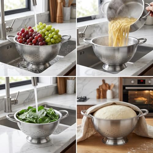 2 Pack Stainless Steel Colander Set with Handles - Heavy-Duty Nesting Strainers (5 Qt, 1 Qt) for Pasta, Rice, Vegetables, Rust-Proof Kitchen Drainer Bowls