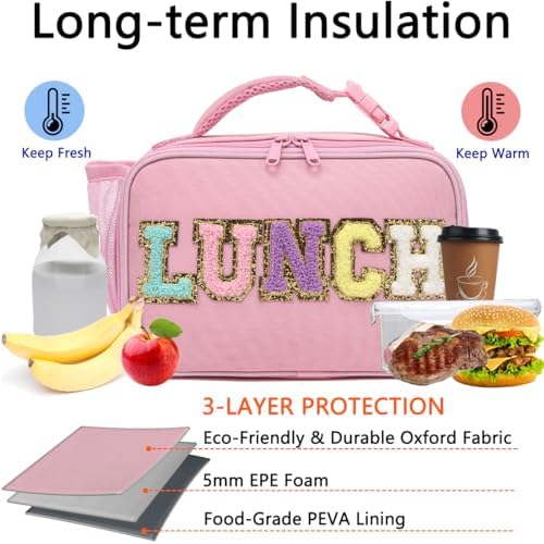 GYEUKHAM Insulated Lunch Box for School, Thermal Reusable Durable Freezable Lunch Bags for Kids Boys Girls Men Women - Small Soft Cooler Portable Lunch Tote Kit for Work Picnic Travel,Pink Alphabet