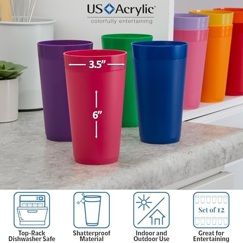 US Acrylic Newport 24-Pack Unbreakable Plastic Cups (20 ounces) 12 Assorted Bright Colors, BPA Free drinking glasses, Dishwasher Safe tumblers for Parties, Camping, & Everyday Use