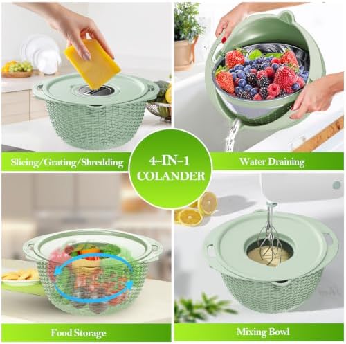 4 in 1 Colander with Bowl Set, Food Strainers and Colanders, Colander for Kitchen, Pasta Strainer, Fruit Washing Bowl, Kitchen Essentials Strainer Basket Bowl, Green, Christmas & New Year Gifts