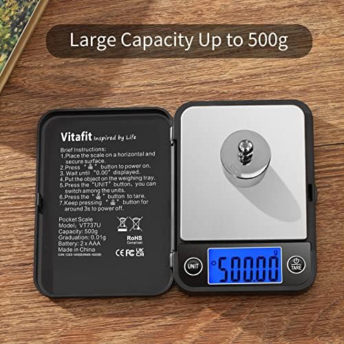 Vitafit 500g Digital Pocket Scale High Accuracy 0.01g, Gram Scale Blue LCD