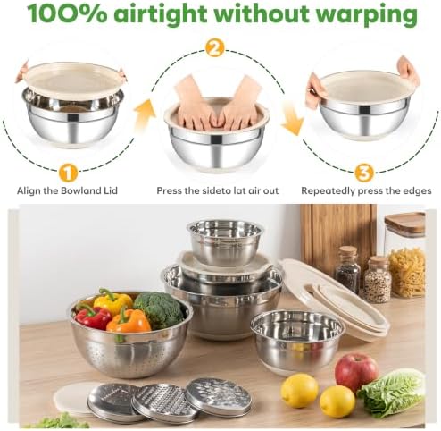 Fire More Mixing Bowls with Airtight Lids Set, Stainless Steel Salad Bowls with Non-Slip Silicone Bottoms, 8PCS Nesting Kitchen Bowls with Colander,Grater Attachments, for Mixing Cooking Prep