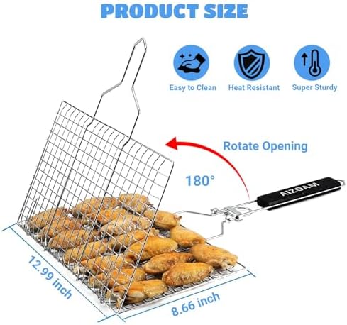 Shallow Grill Basket Fish Grill Basket, Fish Grilling Basket BBQ Fish Grill Baskets for Outdoor Grill,Grill Basket with Removable Handle. Perfect for Grilling Fish Fillets
