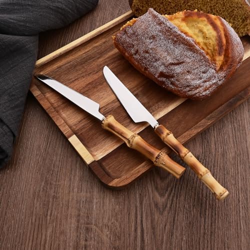 Dinner Knife Set with Bamboo Handle, 8-Piece Stainless Steel Shiny Silver Dinner Knives, Creative Design Table Knives for Home Restaurant, 8.74 inch, Handcrafted