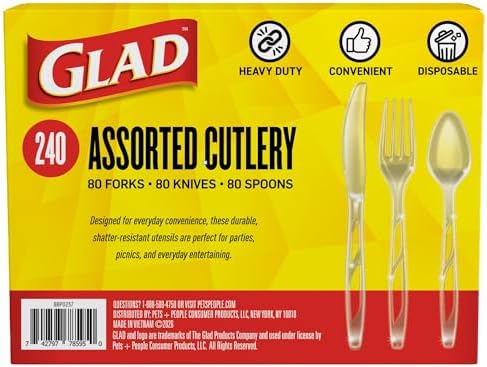Glad Clear Disposable Cutlery Set, Forks Knives and Spoons, 240 Count