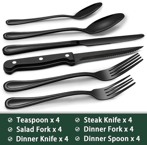 EWFEN 24-Piece Black Silverware Set with Steak Knives, Black Flatware Set for 4, Food-Grade Stainless Steel Tableware Cutlery Set, Mirror Finished Utensil Sets for Home Restaurant, Pearled Edge