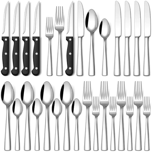 Stapava 24-Piece Silverware Set with Steak Knives, Food-Grade Stainless Steel Flatware Set for 4 Mirror Polished Cutlery Utensil Sets Include Dinner Knives Spoons and Forks Set Dishwasher Safe