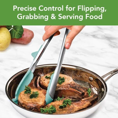 Tovolo Tongs With Silicone Tips Easy Grip 13” Long Kitchen Tongs Stainless Steel Handle For Cooking, Non Scratch Heat Resistant Metal Silicone Tipped Dishwasher Safe BPA Free Aqua Seafoam Green