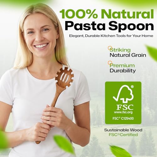 AIUHI Teak Wooden Pasta Fork with Teech, 12.8" Slotted Noodle Server, Heat-Resistant Nonstick-Safe Kitchen Utensil for Stirring & Serving
