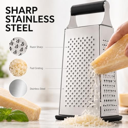 HIC Kitchen Professional Grater Zester, Stainless Steel, Non-Slip Base and Handle, 4 Multi-Grating Surfaces