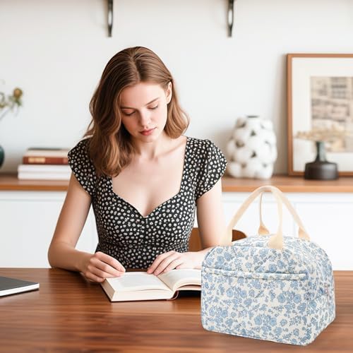 Cotton Quilted Insulated Lunch Bag, Reusable Quilted Floral Lunch Tote Bags